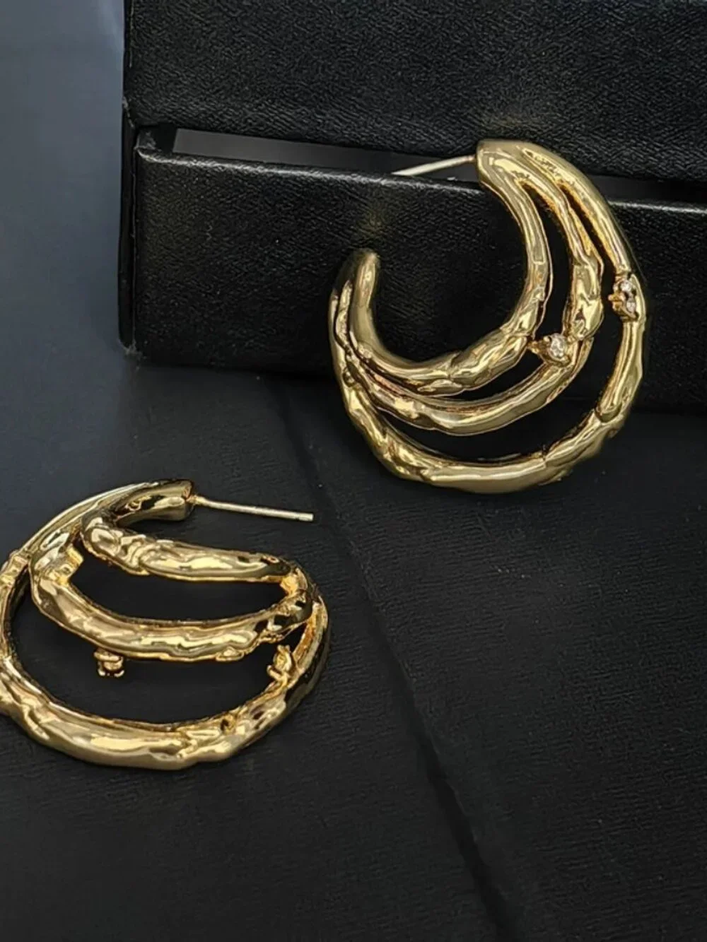 Textured Gold Multi-Layer C-Hoop Earrings with Crystal Accents